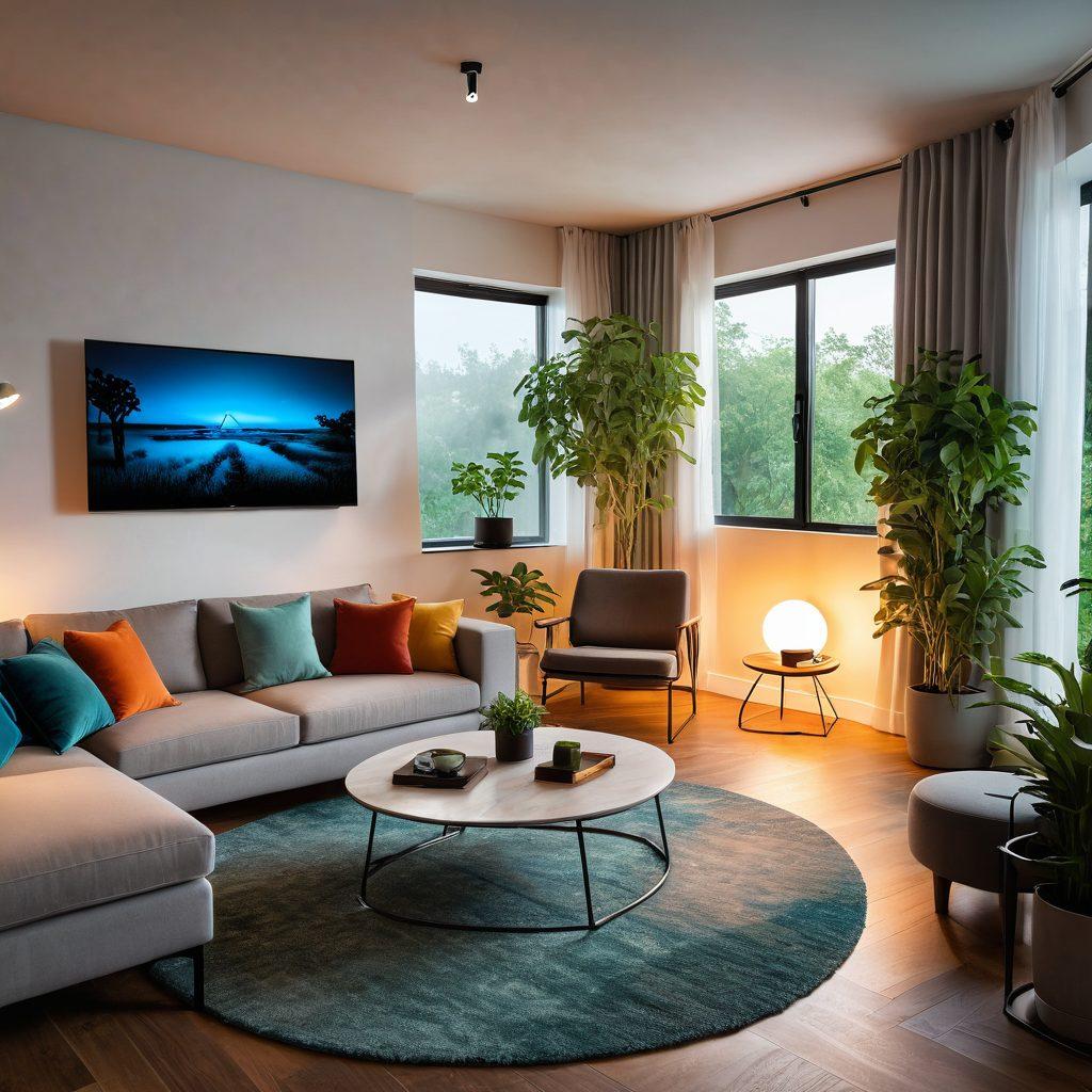 An inviting home interior showcasing smart home devices seamlessly integrated in the environment, like smart bulbs, a digital assistant, and connected appliances. Include a futuristic networking setup with glowing router and devices, all in a cozy living space with a touch of greenery. The atmosphere should feel warm and technologically advanced, inspiring readers to enhance their own homes. vibrant colors. super-realistic.