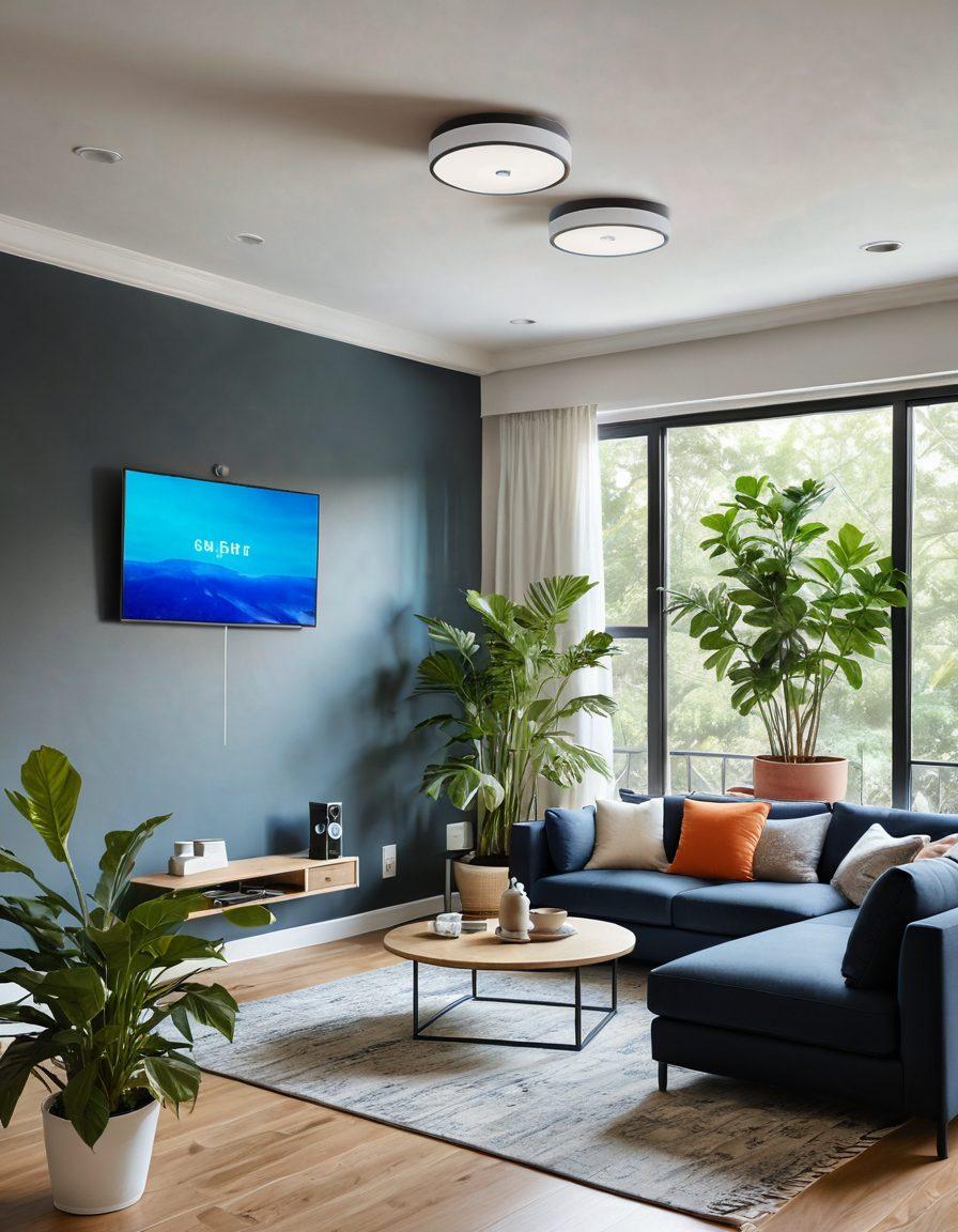 A modern home interior showcasing various high-tech devices like smart speakers, Wi-Fi routers, and futuristic light fixtures. Integrate a family using digital devices seamlessly, with visible strong Wi-Fi signals, highlighting optimal connectivity. The background includes a cozy living space with vibrant plants and contemporary furniture. Emphasize a bright, inviting atmosphere. super-realistic. vibrant colors. modern design.
