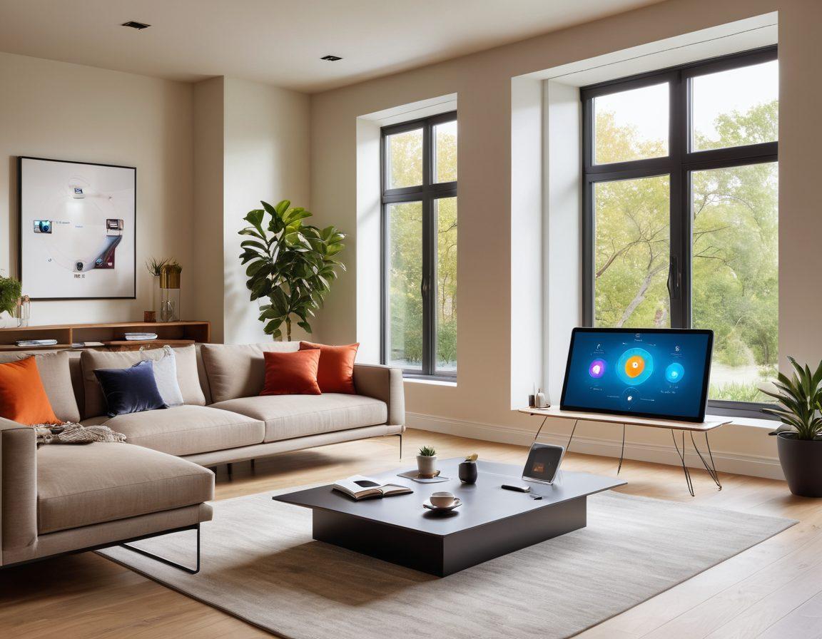A modern living room featuring smart devices seamlessly integrated into the space, showcasing futuristic digital communication technology. Include a sleek coffee table with a tablet displaying a smart home app, stylish furniture with LED accents, and large windows letting in natural light. Add elements that represent connectivity, like glowing network lines or icons, to emphasize the theme of smart networking. vibrant colors. super-realistic. bright background.